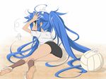  alternate_hairstyle ass bandages blue_hair buruma green_eyes gym_uniform izumi_konata komo_egg long_hair lucky_star lying mole mole_under_eye on_side ponytail solo volleyball 