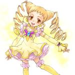  :d brooch brown_eyes bug butterfly choker cure_lemonade double_bun drill_hair earrings gloves insect jewelry kasugano_urara_(yes!_precure_5) magical_girl open_mouth precure saikachi_(ogre_tree) skirt smile solo thighhighs twin_drills twintails yellow yellow_background yellow_choker yellow_legwear yellow_skirt yes!_precure_5 zettai_ryouiki 