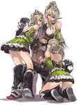  3girls aoin black_pants blonde_hair boots breast_press breasts claws cleavage detached_sleeves drooling elf elsword flower frilled_skirt frills green_sleeves hair_flower hair_ornament hair_ribbon knee_boots kneeling lily_(flower) long_hair medium_breasts multiple_girls multiple_persona o_o over_taker_(elsword) pants pointy_ears raven_(elsword) rena_(elsword) ribbon side_ponytail skirt turn_pale white_background wind_sneaker_(elsword) yellow_eyes 