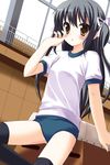  black_hair blush brown_eyes buruma gym_uniform haoriya_chie_(minidraco) highres long_hair minidraco original solo thighhighs twintails vaulting_horse 