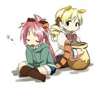  animal_ears bad_id bad_pixiv_id blonde_hair boots drill_hair honeypot hood hoodie iwashi_(ankh) long_hair mahou_shoujo_madoka_magica multiple_girls pantyhose ponytail red_hair sakura_kyouko school_uniform sleeping tail tomoe_mami winnie_the_pooh 