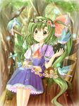  bird blush bow bug butterfly daiso daiyousei dress flower green_eyes green_hair hair_bow head_wreath insect long_hair open_mouth ribbon short_hair side_ponytail smile solo squirrel touhou tree very_long_hair wings 