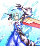  advent_cirno blue_eyes blue_hair bow cirno dress fusion_swords gloves hair_bow huge_weapon ice keroro keroro_gunsou looking_at_viewer ribbon shimofuri short_hair smile solo sword touhou weapon 