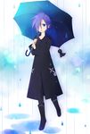  adapted_costume bad_id bad_pixiv_id black_coat_(kingdom_hearts) blue_eyes boots hair_over_one_eye highres kingdom_hearts male_focus okitsune_(okitsune-sama) pantyhose purple_hair rain raincoat solo umbrella zexion 