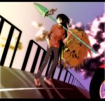  aotsuki_ushio black_hair blonde_hair boy cloud demon green_eyes highres long_hair motor_vehicle motorcycle polearm road sky spear tora_(ushio_to_tora) ushio_to_tora vehicle weapon 