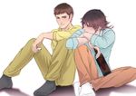  bad_id bad_pixiv_id black_legwear bottle brothers brown_eyes brown_hair facial_hair kaburagi_muramasa kaburagi_t_kotetsu male_focus megashio multiple_boys short_hair siblings simple_background sitting socks stubble tiger_&amp;_bunny white_background white_legwear 