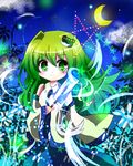  azumamutuki bad_id bad_pixiv_id bare_shoulders crescent_moon detached_sleeves frog green_eyes green_hair hair_ornament highres kochiya_sanae long_hair moon night sky smile snake solo star star_(sky) starry_sky touhou tree wand 