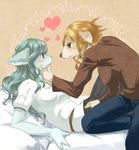  &hearts; anthro bed blonde_hair blush brown_eyes brown_fur canine clothed clothing couple cyan_eyes cyan_fur cyan_hair duo eye_contact female fur hair lesbian long_hair looking_at_each_other lying mammal on_back on_top regaria sweat undressing yoona 