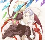  bat_wings blonde_hair blue_hair capelet comic flandre_scarlet flat_chest girl_on_top hand_on_another's_cheek hand_on_another's_face incest lying multiple_girls no_hat no_headwear on_back open_clothes open_shirt red_eyes remilia_scarlet sakuraba_yuuki shirt siblings silent_comic sisters sitting sitting_on_person skirt skirt_set touhou wings yuri 