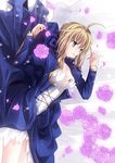  ahoge artoria_pendragon_(all) blonde_hair dress fate/stay_night fate_(series) floating flower green_eyes hair_ribbon no_legwear oluha ponytail ribbon rose saber solo 