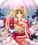  ao_no_exorcist bad_id bad_pixiv_id blonde_hair blush flower green_eyes hairband japanese_clothes kimono moriyama_shiemi open_mouth puracotte short_hair solo 