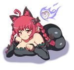 :3 animal_ears ass braid breasts cat_ears cat_girl cleavage curvy dress female ghost huge_breasts kaenbyou_rin large_breasts long_hair lying moisture moisture_(chichi) nekomimi pointy_ears red_eyes red_hair solo touhou twin_braids 