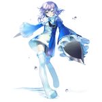  blade boots bun-o detached_sleeves dress dual_wielding echo foreshortening frills frown holding knife necktie pandora_hearts purple_eyes purple_hair short_dress short_hair simple_background solo thigh_boots thighhighs water_drop white_legwear 