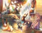  commentary_request eevee espeon evolutionary_line flareon forked_tail glaceon glitchedpuppet house jolteon leaf leafeon light_smile no_humans pokemon pokemon_(creature) red_eyes sitting smile stairs tail tree umbreon vaporeon water window 
