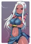  armlet blush breasts center_opening crossed_arms dragon_quest dragon_quest_x forehead fur horns jewelry large_breasts lips long_hair lowres mahito markings midriff navel o-ring o-ring_top ogre_(dq10) pink_skin pointy_ears red_eyes scarf solo spikes white_hair 