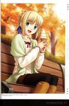  absurdres ahoge artoria_pendragon_(all) autumn bench black_legwear blonde_hair blush boots fate/stay_night fate_(series) food green_eyes hair_ribbon highres higurashi_ryuuji ice_cream non-web_source pantyhose ponytail ribbon saber scan scarf solo 