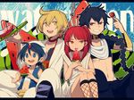  aladdin_(magi) ali_baba_saluja black_hair blonde_hair blue_eyes blue_hair braid food fruit judal laphy long_hair magi_the_labyrinth_of_magic midriff morgiana multiple_boys navel one_side_up open_mouth orange_eyes popsicle red_eyes red_hair short_hair sitting turban watermelon watermelon_bar yellow_eyes 