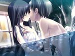  black_hair game_cg kasuga_iori kiss koku mirai_nostalgia onsen purple_software towel wet 