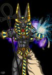  ankh anubian_jackal anubis canine deity egyptian jackal looking_at_viewer male mammal muscles polearm solo staff unknown_artist 