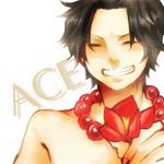  1boy black_hair character_name eyes_closed flower hibiscus jewelry male male_focus necklace one_piece portgas_d_ace red_flower shirtless short_hair simple_background smile solo teeth text topless white_background 