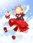  blonde_hair bubble_skirt closed_eyes cloud day doll hair_ribbon happy juuno_(nekoda) medicine_melancholy outstretched_arms petals ribbon short_hair skirt skirt_set sky solo spread_arms su-san touhou 