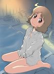  ahoge barefoot bed between_thighs brown_eyes brown_hair closed_mouth commentary_request face feet flying_sweatdrops full_body futon head_tilt kikumaru_bunta looking_at_viewer nichijou no_pants sakurai_izumi shirt sitting smile solo v_arms wariza 