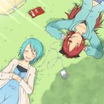  blue_hair bow casual closed_eyes digital_media_player dress earphones food grass grin hair_bow hood hoodie ipod jacket long_hair lying mahou_shoujo_madoka_magica midriff miki_sayaka multiple_girls navel one_eye_closed open_mouth picnic_basket pocky red_eyes red_hair sakura_kyouko shared_earphones short_hair smile yokke 