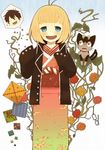  1girl ao_no_exorcist blonde_hair blue_eyes blush cat flower glasses ibo_(tototoii) jacket japanese_clothes kimono kuro_(ao_no_exorcist) moriyama_shiemi okumura_rin open_mouth pointy_ears short_hair sleeves_past_wrists smile 