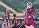  2girls agria_(tales) cloud dress gloves grin hammer jiao_(tales) long_hair multiple_boys multiple_girls presa_(tales) red_eyes sakurazaka_yuu shiny shiny_skin silver_hair sitting skin_tight smile tail tales_of_(series) tales_of_xillia wingul_(tales) 