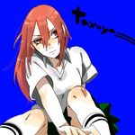  bad_id bad_pixiv_id character_name contemporary kazari_tayu knees naruto naruto_(series) oekaki outstretched_arm red_eyes red_hair shirt short_sleeves simple_background sitting skirt solo t-shirt tayuya 