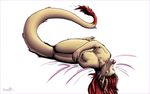  blue_eyes boneitis breasts chinese_dragon dragon eastern female horn looking_at_viewer nipples nude plain_background solo upside_down white_background 