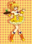  blonde_hair boots bow brown_eyes choker cure_pine dress drink fresh_precure! frills full_body gathers glass hair_ornament hair_ribbon heart heart_hair_ornament k-yan magical_girl melon_soda orange_choker plaid plaid_background precure ribbon short_hair side_ponytail smile solo tray wrist_cuffs yamabuki_inori 