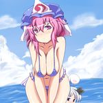  bad_id bad_pixiv_id bikini blood blue_eyes breasts cleavage day ghost hanging_breasts hat hips huge_breasts konpaku_youmu konpaku_youmu_(ghost) leaning_forward moisture_(chichi) multiple_girls navel nosebleed ocean outdoors pink_eyes pink_hair saigyouji_yuyuko short_hair standing sweat swimsuit thick_thighs thighs touhou white_hair wide_hips 