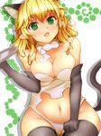  animal_ears black_gloves black_legwear blonde_hair blush breasts cat_ears cat_tail cleavage elbow_gloves extra_ears fang fukunaga_kazuhiro gloves green_eyes highres kemonomimi_mode large_breasts mizuhashi_parsee navel_cutout open_mouth pointy_ears resizing_artifacts shawl solo swimsuit tail thighhighs touhou tray white_swimsuit 