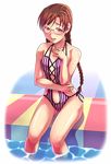  blush braid breasts brown_hair casual_one-piece_swimsuit clala e20 glasses one-piece_swimsuit pool poolside quiz_magic_academy sitting small_breasts soaking_feet solo swimsuit twin_braids water 