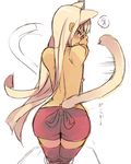  1boy androgynous animal_ears annoyed arched_back ass bare_back blonde_hair blue_eyes blush boots cat_ears cat_tail choker from_behind frown leaning_forward long_hair looking_at_viewer looking_back male male_focus original rand rand_(artist) shorts sketch solo standing tail thigh_boots thighhighs topless trap white_background 