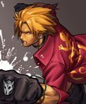  1boy angry blonde_hair choker collar king_of_fighters kof male male_focus shen_woo simple_background snk solo 