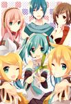  4girls aqua_eyes aqua_hair bad_id bad_pixiv_id blonde_hair blue_hair brown_eyes brown_hair hair_ornament hair_ribbon hairclip hatsune_miku headphones headset kagamine_len kagamine_rin kaito long_hair manio megurine_luka meiko multiple_boys multiple_girls one_eye_closed pink_hair ribbon short_hair smile spring_onion twintails v vocaloid 