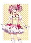  bad_id bad_pixiv_id blush bow checkered checkered_background choker dress gloves hair_bow kaname_madoka magical_girl mahou_shoujo_madoka_magica open_mouth outstretched_arms pink_eyes pink_hair short_hair short_twintails smile solo spread_arms tottoto_tomekichi twintails 