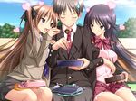  anna_(mirai_nostalgia) black_hair brown_hair food game_cg kasuga_iori koku mirai_nostalgia purple_software seifuku 