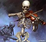  bow_(instrument) denchi dimension_zero electric_guitar guitar instrument looking_at_viewer looking_away no_humans ribs skeleton standing teeth violin 