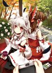  animal_ears back-to-back blush bow brown_hair camera cup detached_sleeves feathers flower food hair_bow hair_tubes hakurei_reimu inubashiri_momiji japanese_clothes looking_back multiple_girls no_hat no_headwear red_eyes ria shameimaru_aya silver_hair sitting smile tail touhou wolf_ears wolf_tail 