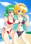  alice_margatroid alternate_hairstyle bad_id bad_pixiv_id beach bikini black_bikini blonde_hair blue_eyes blue_sky blush breasts cleavage cloud day floral_print flower frilled_bikini frills front-tie_top green_hair hair_ornament hair_ribbon hairband highres kazami_yuuka medium_breasts midriff multiple_girls open_clothes open_mouth open_shirt outdoors ponytail red_bikini red_eyes ribbon shirt shirt_pull short_hair side-tie_bikini skindentation sky smile string_pull sunflower swimsuit tama_home touhou water 