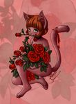  belsevuka cat claire crouching feline female flower green_eyes hair hindpaw mammal nude orange_hair pawpads paws pinup pose ribbons rose solo 