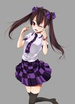  black_legwear bracelet brown_hair checkered checkered_skirt finger_to_face grey_background hair_ribbon hands_on_own_face himekaidou_hatate jewelry necktie one_eye_closed open_mouth purple_eyes ribbon shirt simple_background skirt smile solo thighhighs touhou twintails unasaka_ryou zettai_ryouiki 