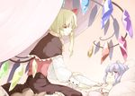  blonde_hair blue_hair capelet comic flandre_scarlet flat_chest girl_on_top hair_ribbon hand_on_another's_chest incest lying multiple_girls no_hat no_headwear on_back open_clothes open_shirt pillow red_eyes remilia_scarlet ribbon sakuraba_yuuki shirt siblings side_ponytail silent_comic sisters sitting sitting_on_person skirt skirt_set touhou wings yuri 