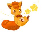  commentary_request flower flower_(symbol) full_body looking_at_viewer multiple_tails no_humans pawpads pokemon pokemon_(creature) ruiru simple_background solo tail tareme vulpix white_background yellow_flower 