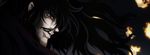  alucard alucard_(hellsing) black_hair cloak dracula facial_hair fire hellsing highres long_hair long_image moustache mustache red_eyes screencap vampire wide_image 