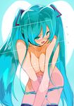  aqua_eyes aqua_hair areolae blush breasts cleavage covering covering_breasts hatsune_miku headphones long_hair medium_breasts nipple_slip nipples nude panties qoopie solo thighhighs twintails underwear very_long_hair vocaloid 