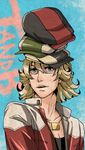  aqua_eyes barnaby_brooks_jr blonde_hair bohe cabbie_hat glasses green_eyes hat jacket jewelry male_focus necklace red_jacket solo stacked_hats tiger_&amp;_bunny 